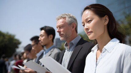 A diverse group of professionals in business attire stands in a line outdoors listening attentively to instructions on a sunny day