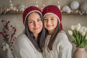 Joyful mother and child wearing knit hats pose closely together in a warmly decorated indoor setting