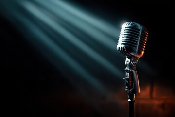 Stand-Up Performance: Comedian Spotlighted on Stage with Microphone, Engaging the Crowd in a Lively Club Atmosphere