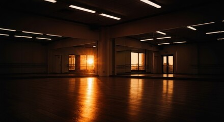 Empty dance studio at sunset. Sunlight streams through windows, illuminating polished wooden floor