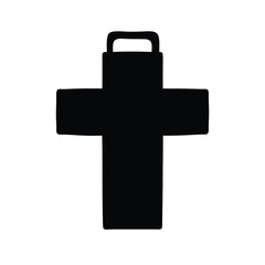 Obraz premium Medical first aid cross icon- Black silhouette icon of a medical first aid kit shaped as a cross with handle, symbolizing healthcare, emergency help, and medical services. 