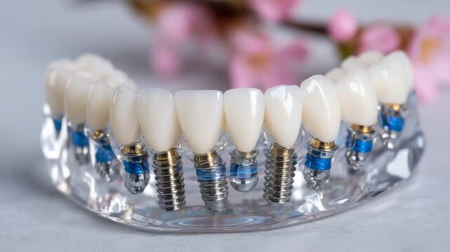 15Diagonally positioned dental implant fixed bridge on clean white background, crisp highlights illuminating titanium elements and aesthetic ceramic crowns