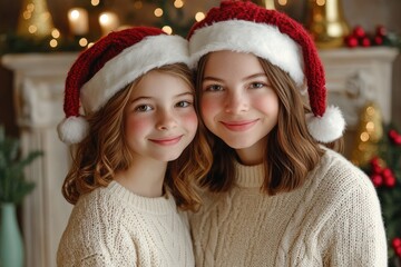 Two smiling young females wearing knitted festive caps indoors near holiday decorations