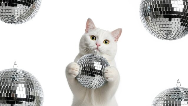 Party Cat Holding a Mirrored Disco Ball