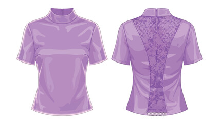 Elegant Short-Sleeved Mock Neck Blouse with Intricate Lace Back Panel Design and Subtle Fabric Draping