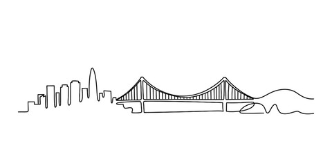 Continuous line art illustration depicting a city skyline and a large suspension bridge Vector, illustration