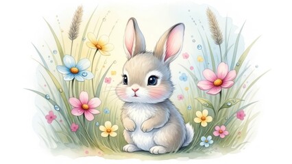 Cute Bunny in Flower Field