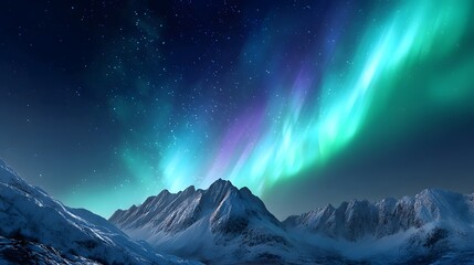 Ethereal green blue and purple aurora borealis dances across the dark star filled night sky casting a magical glow over majestic snow capped mountains and a vast winter wilderness