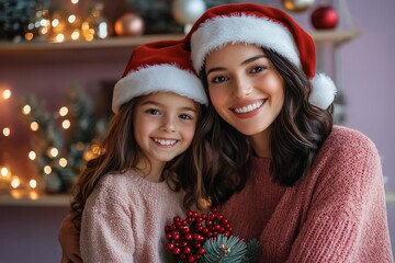 Joyful mother and daughter wearing festive hats pose closely together indoors with holiday decorations in the background