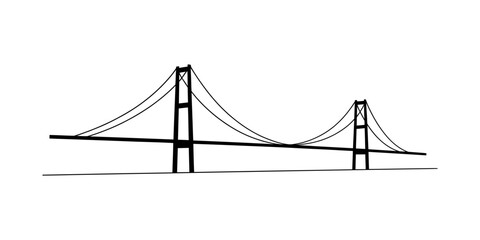 A simple black and white line drawing of a suspension bridge silhouette against a white background Vector, illustration