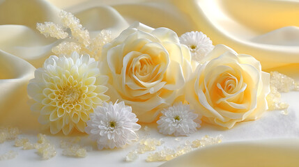 Fototapeta premium An elegant still life composition featuring soft yellow roses and a dahlia accented by small white chrysanthemums and shimmering crystalline grains resting on luxurious draped cream silk fabric