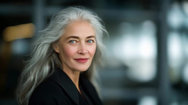 28Elegant older woman with silver hair flowing naturally, wearing a tailored black outfit, illuminated by balanced studio light, background softly blurred to draw focus on her serene