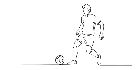 A continuous single line drawing of a football player dribbling the ball on a white background Vector, illustration