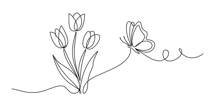 Elegant one line drawing of three tulips and a graceful butterfly in flight Vector, illustration