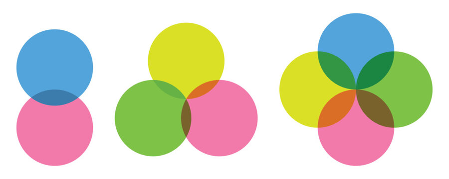 Colorful Venn Diagram Set, Circle Infographic with Three, Four and Five Overlapping Elements, Vector Illustration.