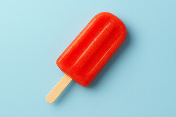Bright red popsicle on a light blue background, showcasing a refreshing summer treat, ideal for capturing the essence of fun and enjoyment in warm weather