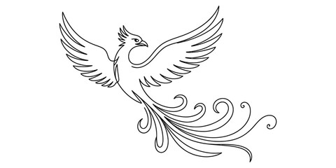 Obraz premium A minimalistic line art drawing of a majestic mythological phoenix bird flying gracefully Vector, illustration