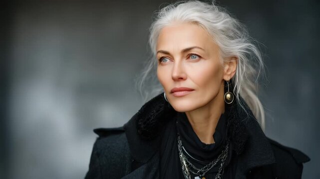 30Stylish mature model with silver-gray hair and piercing eyes, dressed in refined black attire, strong studio backlight outlining her silhouette for dramatic composition