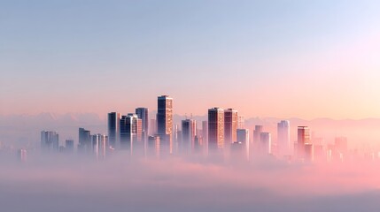 Obraz premium A breathtaking modern cityscape with towering skyscrapers rising above a thick blanket of fog or clouds during a serene sunrise showcasing vibrant dawn colors and an ethereal atmosphere