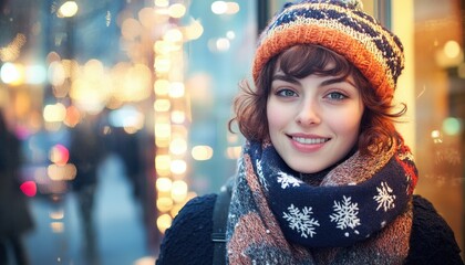 Young woman wearing knitted winter accessories smiles brightly against a city backdrop illuminated by warm lights