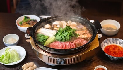 hot sukiyaki hotpot on table