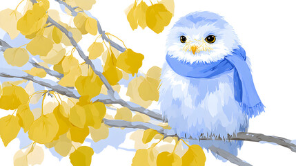 Cute blue bird illustration wearing a blue scarf perched on a branch with vibrant yellow leaves, showcasing a whimsical and charming autumn scene