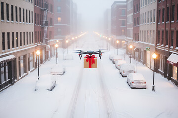 Drone delivering gift box over snowy street with festive atmosphere