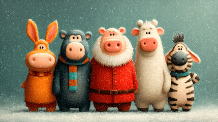 Festive animal characters in winter attire celebrating holiday cheer