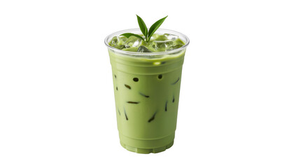 Iced matcha green tea in a clear plastic cup with leaf isolated on a transparent background