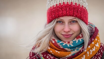 Young woman with blonde hair wears colorful knitted winter hat and scarf outdoors