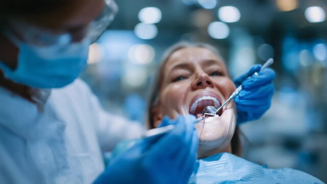 35Selective-focus view of a dentist inspecting a molar, metal tools catching specular highlights, patient&rsquo;s lips and cheeks softly out of focus, sterile environment softened into smo