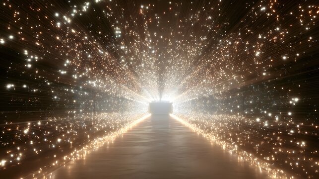 An abstract futuristic tunnel or corridor bathed in ethereal light composed of countless glowing particles and luminous energy streams suggesting a journey towards a bright unknown destination