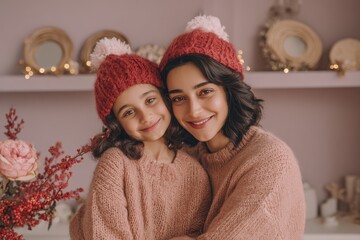 Smiling mother and daughter wearing knitted hats and sweaters embrace warmly indoors