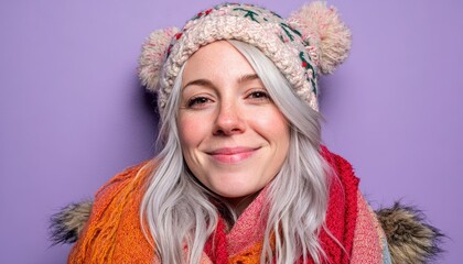 Young woman wearing colorful knit winter accessories smiles warmly against a solid background
