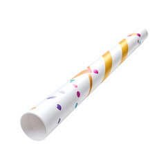 Confetti Party Popper Cannon with Gold Stripes and Colorful Decorations on Black Background