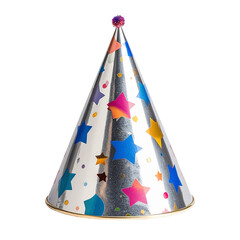 Festive silver party hat with colorful stars and a purple pom-pom isolated on a black background.
