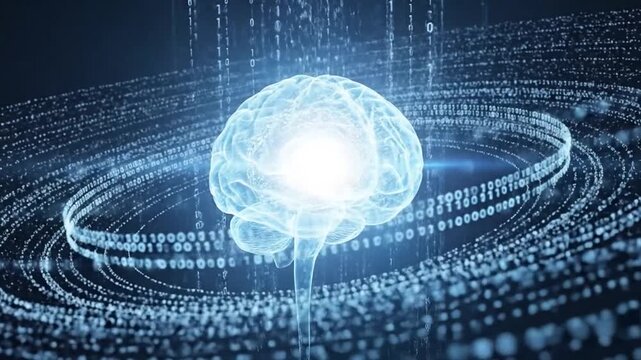 Glowing AI brain with binary code streams and particles