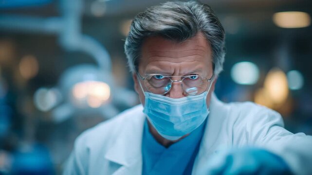 41Artistic medical scene with dentist leaning forward, eyeglasses reflecting enamel shine, shallow depth-of-field isolating the examination area, cool clinical lighting enhancing cla
