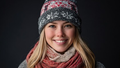 Cheerful young woman wearing knitted winter hat and scarf smiles directly at the camera against a dark backdrop