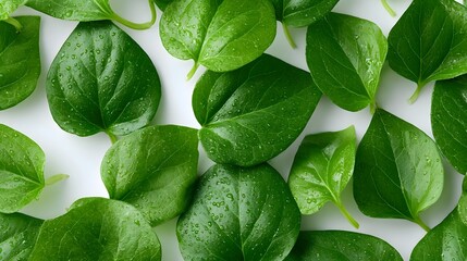 Naklejka premium Vibrant green leaves glistening with fresh water droplets offer a close up view of natural texture health and botanical detail