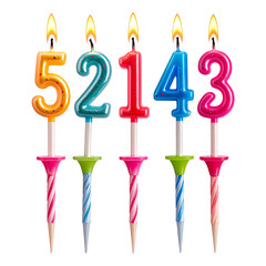 Burning Colorful Number Birthday Candles 5, 2, 1, 4, 3 on a Black Background for Celebration