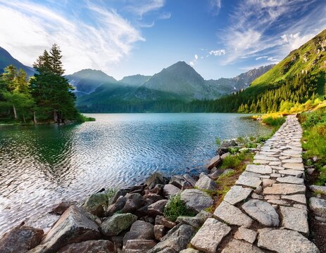 tranquil mountain lake stone path - Powered by Adobe
