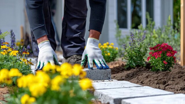 41Close-up on gloved hands placing concrete slabs along the pathway around a newly constructed cottage, enhancing landscaping aesthetics