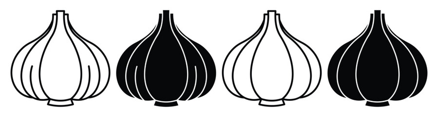 Garlic Bulbs and Cloves, Minimal Silhouette Icons on White Background, Vector Illustration.