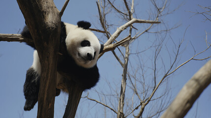Obraz premium Giant panda relaxing on a tree branch against a clear blue sky in a natural habitat.