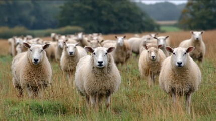 Fototapeta premium Serene Countryside Scene: Flock of Sheep Grazing on Lush Green Pasture