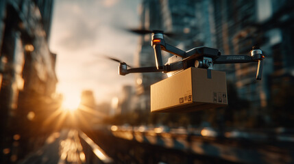 Autonomous delivery drone carrying a cardboard package while flying through a modern city at sunset.