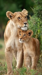 Obraz premium Lioness and cub in savanna