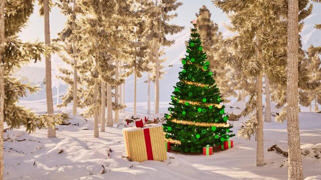 Festive 3D video of a Christmas tree with gifts in a snowy forest. Falling snow and soft light create a magical winter holiday atmosphere of New Year and Christmas.