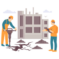 worker operates jackhammer breaking concrete concept, Urban Construction Operations vector design, construction workers banner, Skilled labor scene, Civil Engineering Works stock illustration